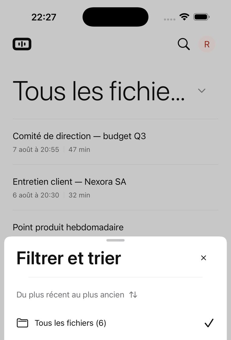 L'écran d'accueil de l'application avec ses dossiers de classement.