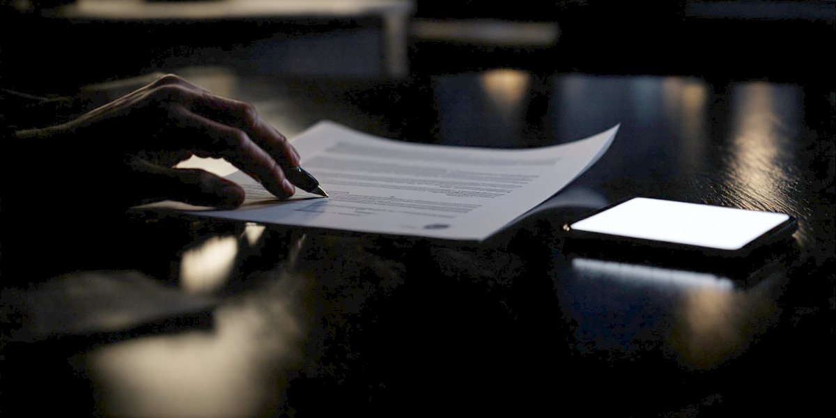 Un document imprimé et un stylo posés sur une table sombre, un téléphone allumé à côté.