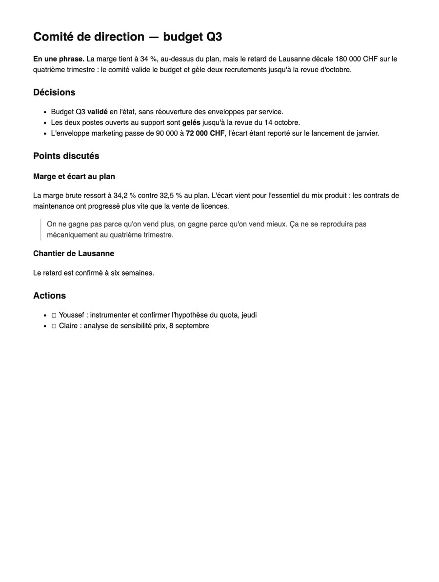 La note exportée en PDF : titre, résumé en une phrase, décisions, points discutés et actions.